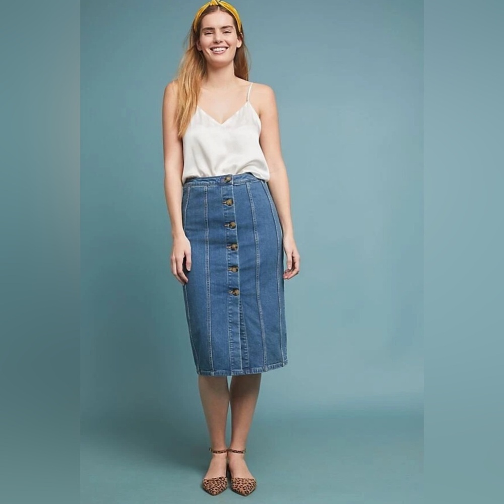 Anthropologie Blue Button-Down Pencil Skirt
